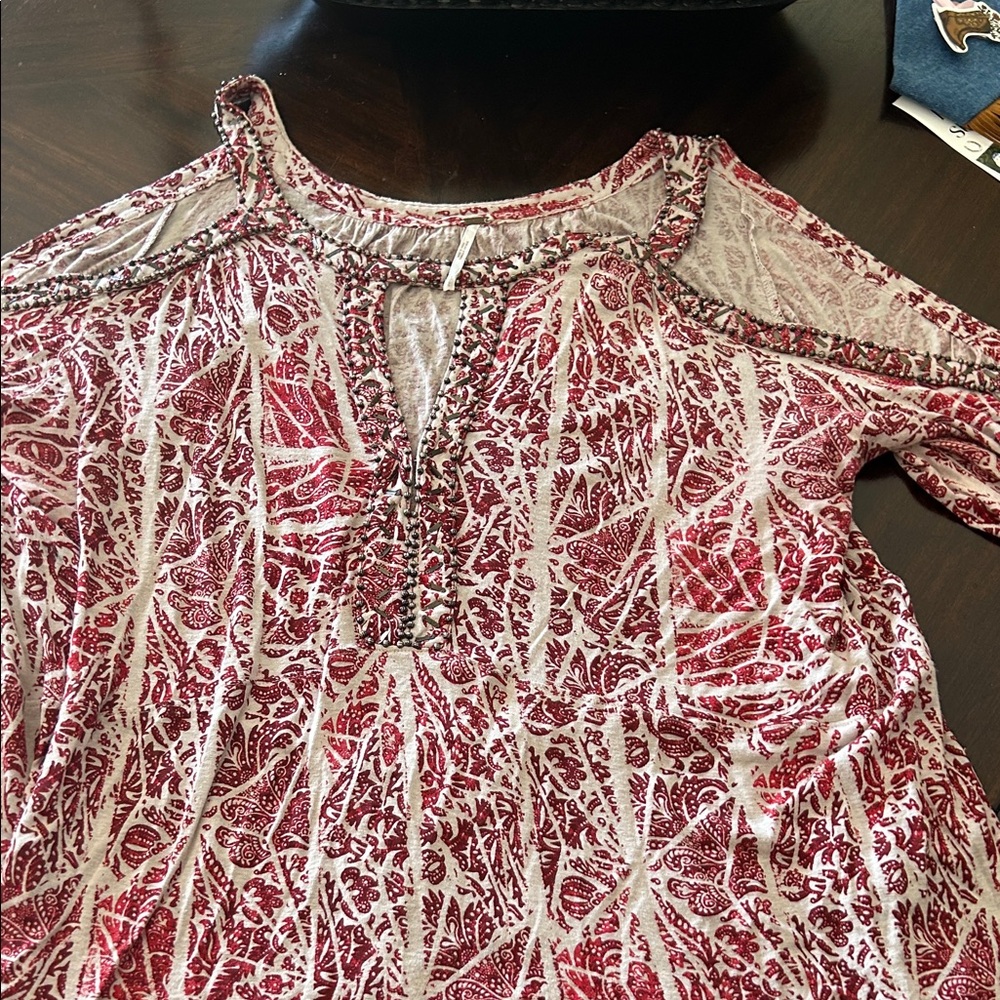 Free People Burgundy and Cream Floral Blouse